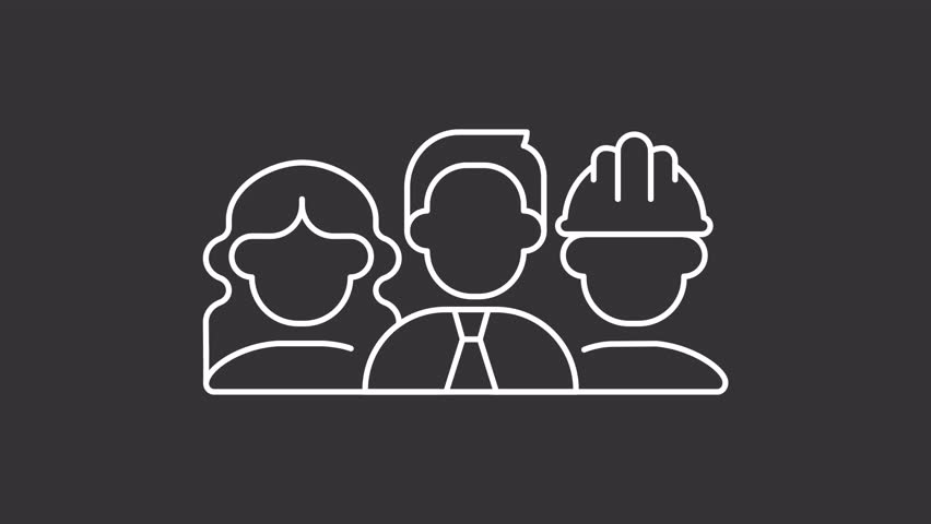 Professional diversity white line animation. Workers gender animated icon. People shaking heads. Company employees, corporate. Isolated element on dark background. Alpha transparent video