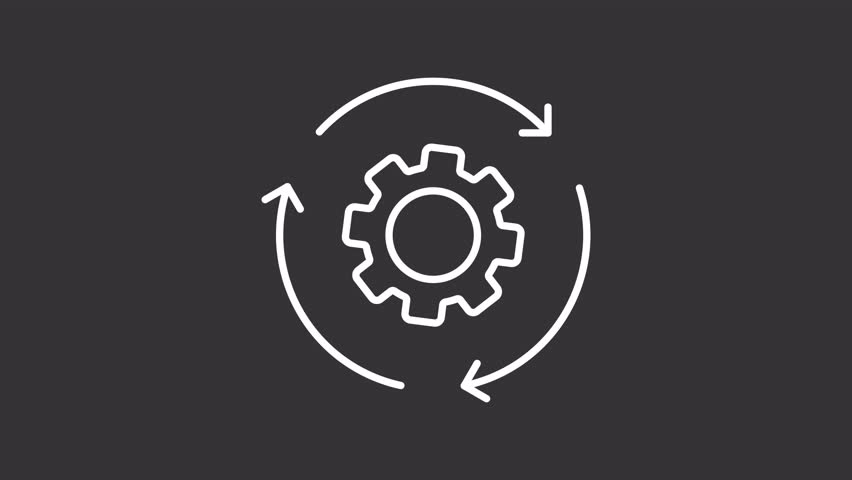 Process automation white line animation. Workflow organization animated icon. Spinning arrows, rotating gear. Production system. Isolated element on dark background. Alpha transparent video