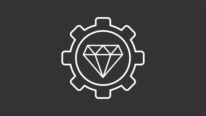 High standards white line animation. Workflow excellence animated icon. Rotating gemstone, spinning gear. Production productivity. Isolated element on dark background. Alpha transparent video