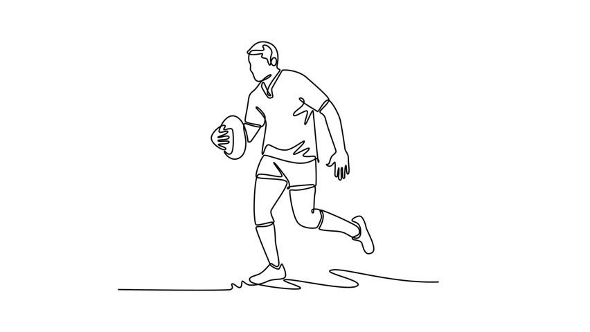 Animated self drawing of continuous line draw young energic male rugby player in motion at stadium. Professional sport, competition, motivation, game, championship, cup. Full length one line animation