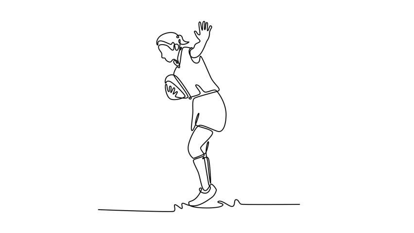 Self drawing animation of single line draw female rugby player with ball training for workout, fitness, skill, competition. Active sportswoman practice for game. Continuous line. Full length animated - Powered by Shutterstock - Get 15% off with code: PIKWIZARD15
