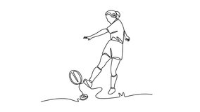 Animated self drawing of continuous line draw beauty female rugby player kicking ball to score goal on field at game, match, practice. Fitness, motion, energy, skill. Full length single line animation - Powered by Shutterstock - Get 15% off with code: PIKWIZARD15
