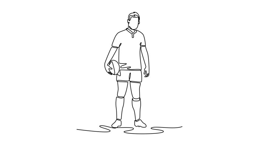 Animated self drawing of continuous line draw concentrated male rugby player in uniform with ball standing on field. Sports, competition, motivation, game, champions. Full length single line animation - Powered by Shutterstock - Get 15% off with code: PIKWIZARD15