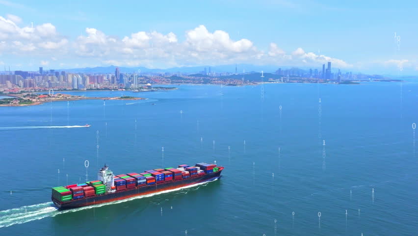 A ship loaded with container cargo is sailing on the sea with a sense of technology，China's automated port technology sense, smart port, unmanned port， - Powered by Shutterstock - Get 15% off with code: PIKWIZARD15