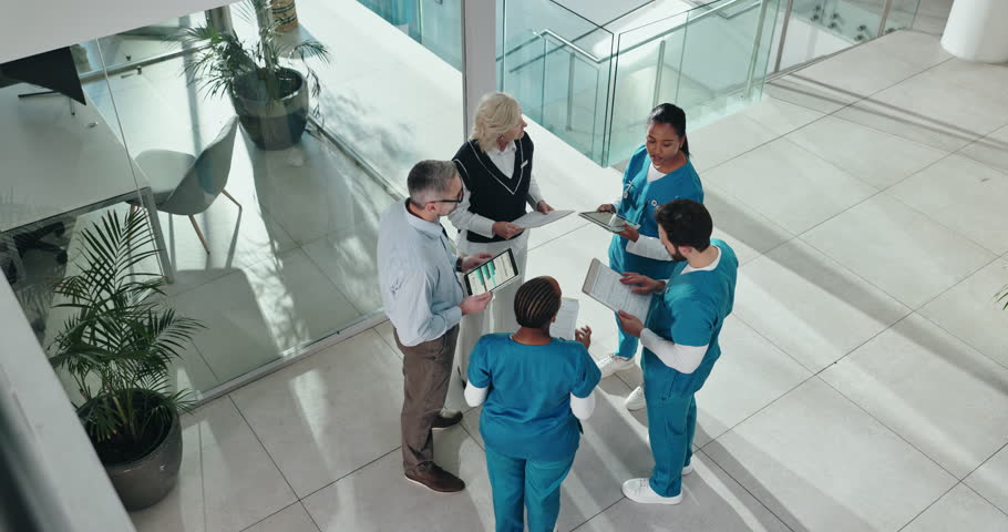 Medical, staff or doctors in meeting with documents for surgery funding, resource allocation or above. Hospital director, business people or surgeon team with notes for healthcare feedback or support