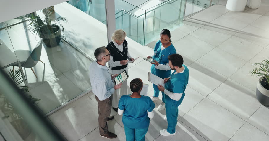 Medical, staff or doctors in meeting with documents for surgery funding, resource allocation or above. Hospital director, business people or surgeon team with notes for healthcare feedback or support