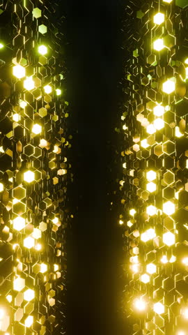 Drifting Through A Glowing Golden Hexagonal a 3d render that transports viewers through a radiant tunnel of glowing golden hexagons. Perfect for cinematic intros, sci-fi projects, music videos.