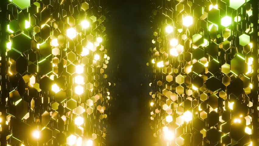 Drifting Through A Glowing Golden Hexagonal a 3d render that transports viewers through a radiant tunnel of glowing golden hexagons. Perfect for cinematic intros, sci-fi projects, music videos.