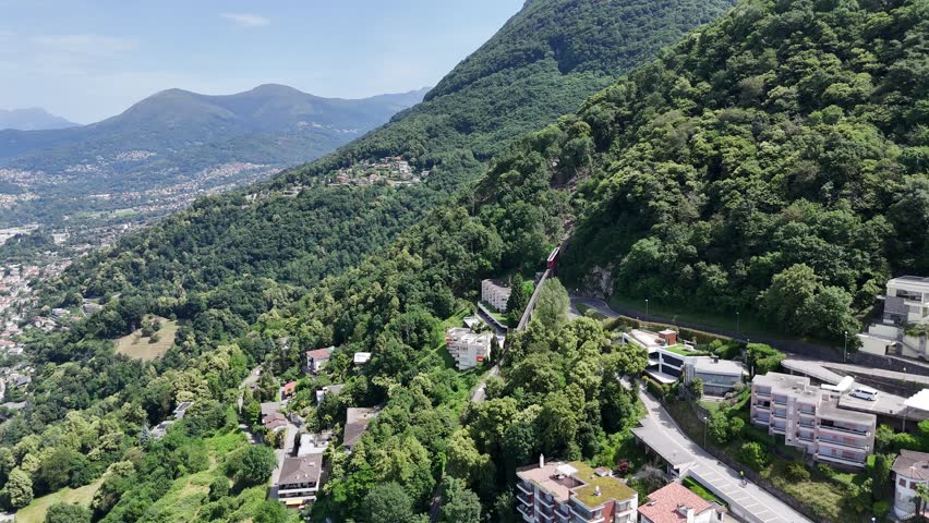 Monte Bre Lugano Switzerland. incline railway drone,aerial push in shot