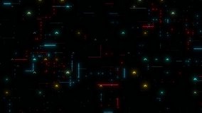 A digital artwork showcasing a futuristic cityscape at night, lit up by vibrant neon lights. The dark background is filled with a grid of brightly colored squares, creating a dynamic and futuristic - Powered by Shutterstock - Get 15% off with code: PIKWIZARD15