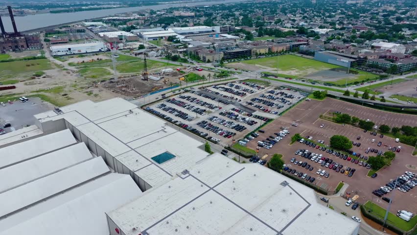 Parking Lot Space Along The Convention Center Boulevard In New Orleans, Louisiana, United States. Aerial Drone Shot