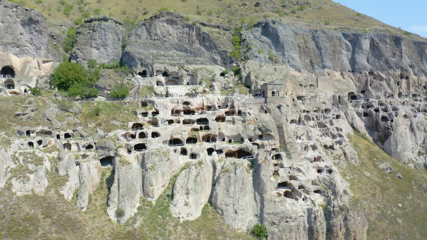 Vardzia cave city in Southern Georgia aerial view. The rock city Vardzia in Georgia. cave city of Vardzia, originally built in 12th century and now a working monastery, Georgia.