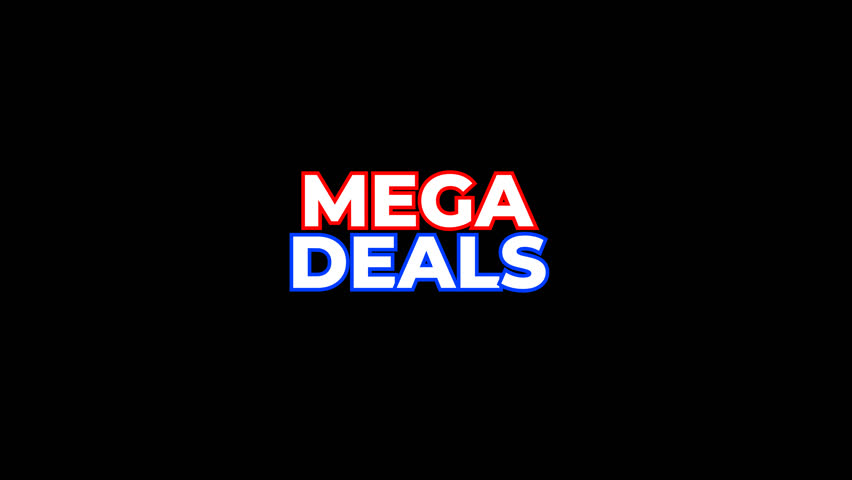 Mega Deals animated text with bounce and glowing effect. Dynamic promotional animation for special offers and discounts. Transparent background.