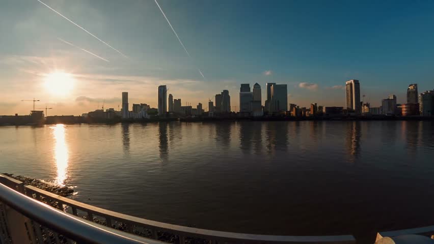 Stunning Canary Wharf Skyline Sunrise River Reflection Cityscape Buildings London England
