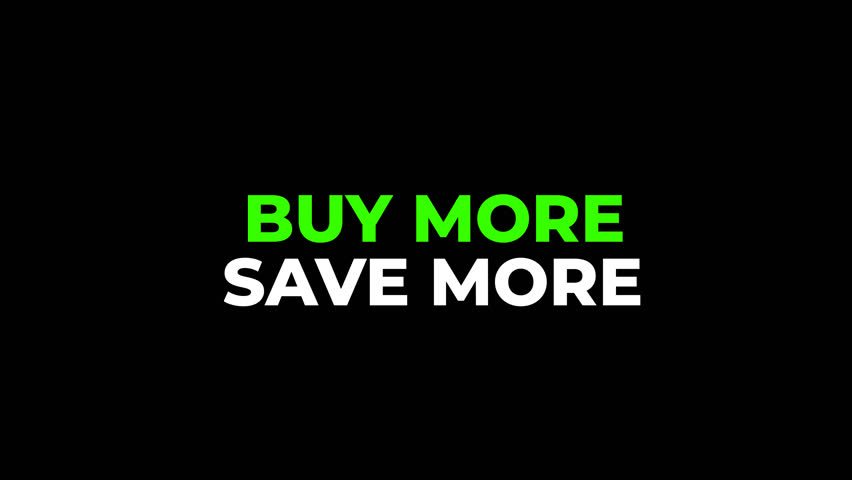 Buy More Save More animated title with per-word fade-in and blinking light effect. Perfect for promotions, discounts, and marketing videos. Transparent background.
