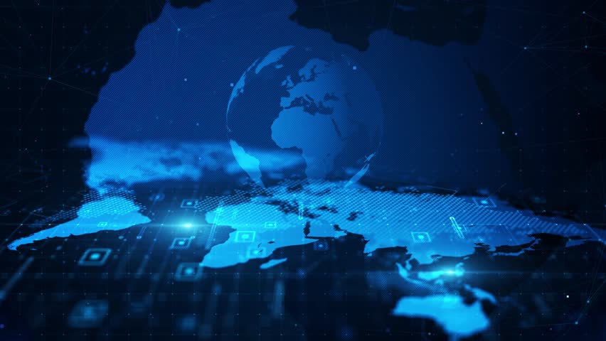 Digital Global Map with Futuristic Earth Grid in Blue Cyber Network Style