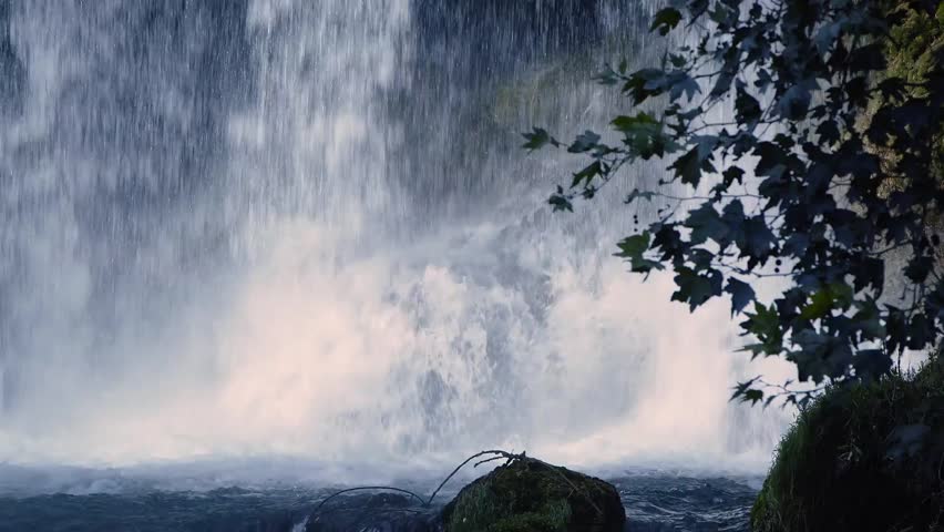 Majestic Waterfall Nature Scene Lush Greenery Tranquil Water Powerful Flowing Water Sheer Rock Face Foamy Water Spray Misty Air Dramatic Light Breathtaking View Serene Atmosphere Peaceful Sounds Natur