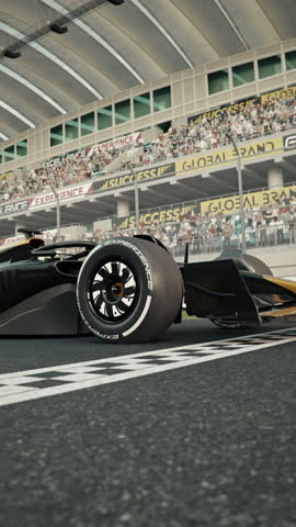 Side view of a generic race car driving across the finish line in slow motion. 3d animation rendering. New 2025 black and gold car design