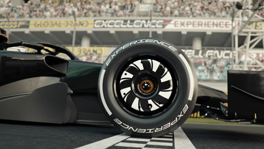 Close-up side view of a generic race car driving across the finish line in slow motion. 3d animation rendering. New 2025 black and gold car design