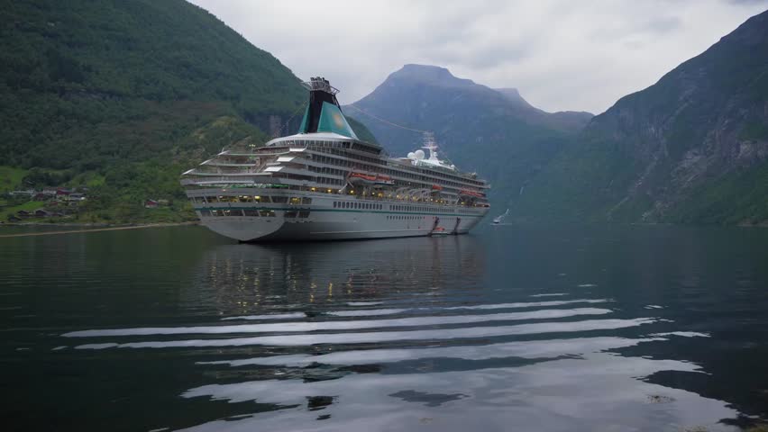 Majestic Cruise Ship Norwegian Fjord Mountains Scenic Travel Ocean Voyage Water Calm Green Hills