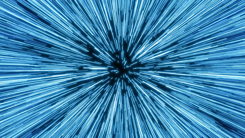 4K Sci-Fi Hyperdrive Space Jump in Blue Fast Transition, Blue Light Streaks Racing Toward, Time Travel, Space Warp, Star Trails