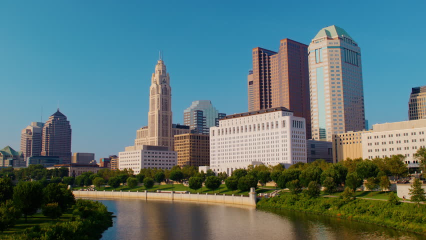 Columbus, Ohio skyline, downtown by Scioto river, late afternoon.