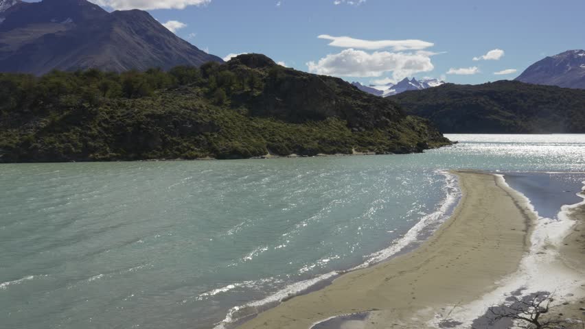 Remote Patagonian Lake with Mountains and Serene Beach. Lago Belgrano - Perito Moreno National Park, Argentina.