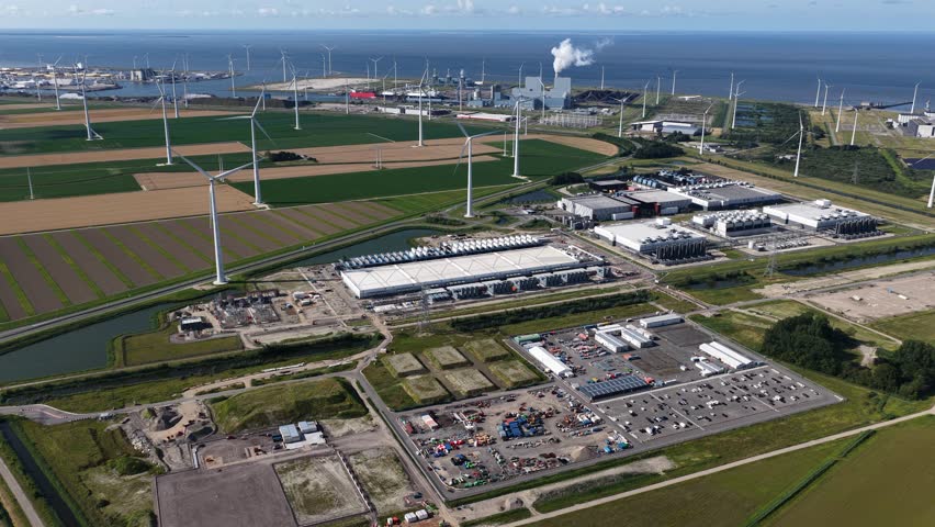 Aerial view of a new hyperscale data center in Eemshaven, Groningen, The Netherlands, built to meet rising demand for AI and cloud services.