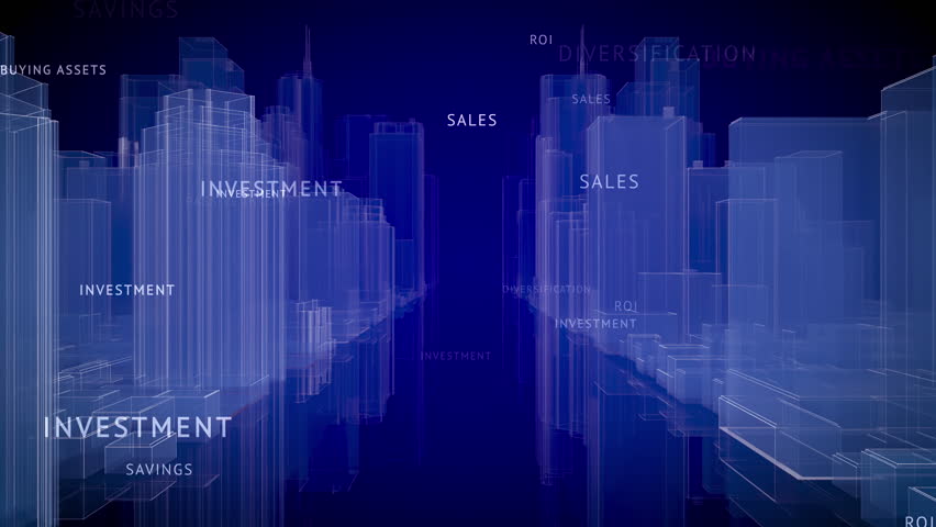 City HUD Invest words flying typography risk strategy growth research income blue background flying text. ROI words looping animation. 3D Illustration
