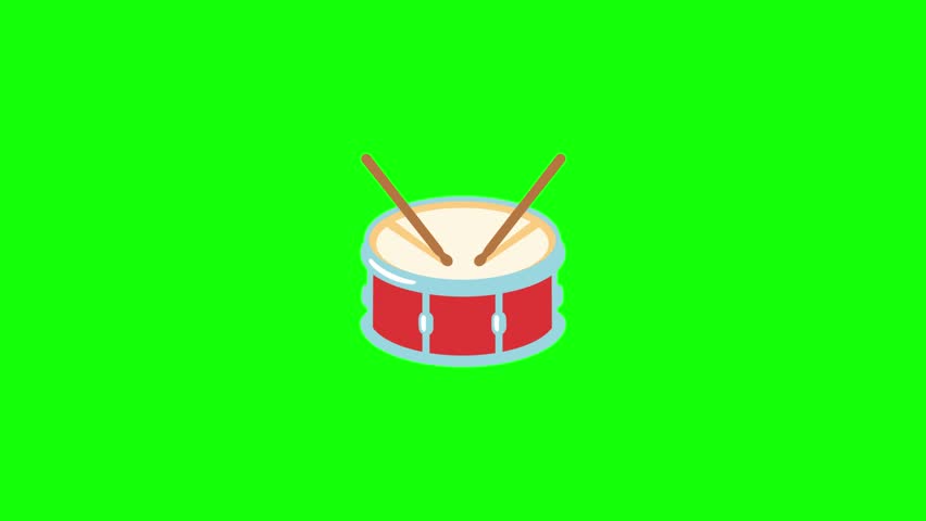 Animated drum with sticks emoji tapping rhythmically on a bright green chroma key background, clean 3D cartoon style, smooth loop, minimalistic, centered in frame, isolated object, no text.