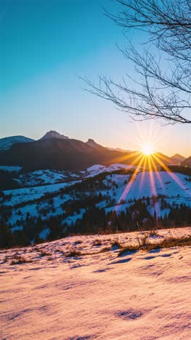 Golden Sunset Over Snowy Winter Mountains, Peaceful Nature Vertical Time Lapse
