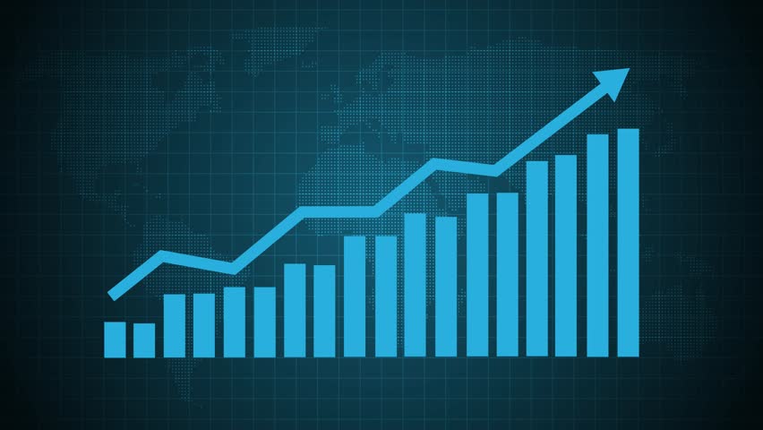 Business bar and line graph animation on a dark world map background, symbolizing global economic growth