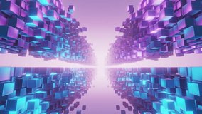 An abstract digital tunnel composed of glowing blue and purple cubic shapes, reflecting on a surface, creating a futuristic path into a bright, ethereal light. - Powered by Shutterstock - Get 15% off with code: PIKWIZARD15