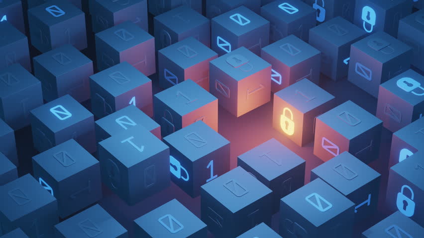 This conceptual 3D animation visualizes intricate security mechanisms within blockchain technology, showcasing glowing padlock symbols on data blocks, emphasizing data protection and digital security