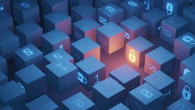 This conceptual 3D animation visualizes intricate security mechanisms within blockchain technology, showcasing glowing padlock symbols on data blocks, emphasizing data protection and digital security - Powered by Shutterstock - Get 15% off with code: PIKWIZARD15