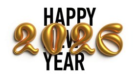 Horizontal 4K video. Black text Happy New Year on white background. Gold shiny bright shining hand drawn 3D numbers 2026 falling. Volumetric letter. Liquid bold font. Animation for winter holiday - Powered by Shutterstock - Get 15% off with code: PIKWIZARD15