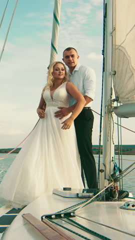 Bride leans on the groom s chest at the front of the yacht. He kisses her head while they stand together in the iconic Titanic pose, staring into each other s eyes.