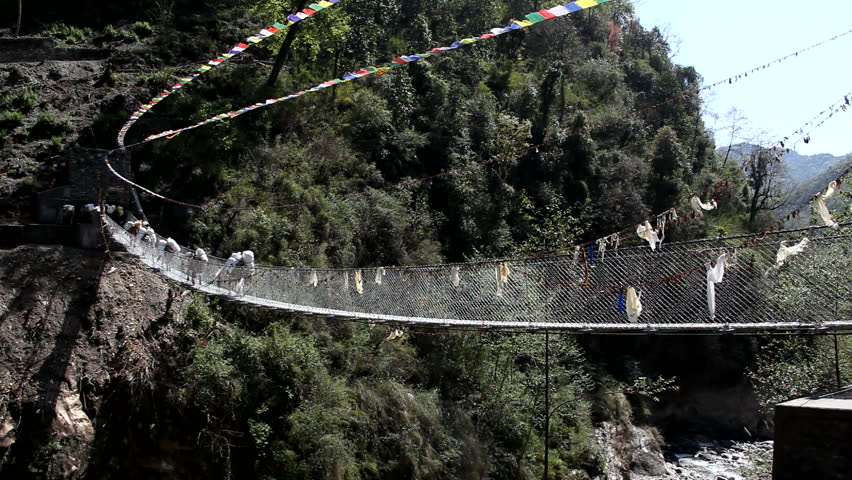 Pony Train Crosses Remote Bridge In Himalayas. In remote parts of Nepal the only