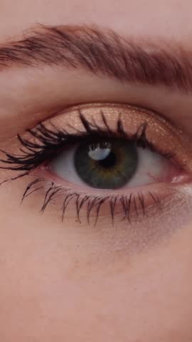 A close-up of the human eye with an added digital interface in the style of augmented reality.