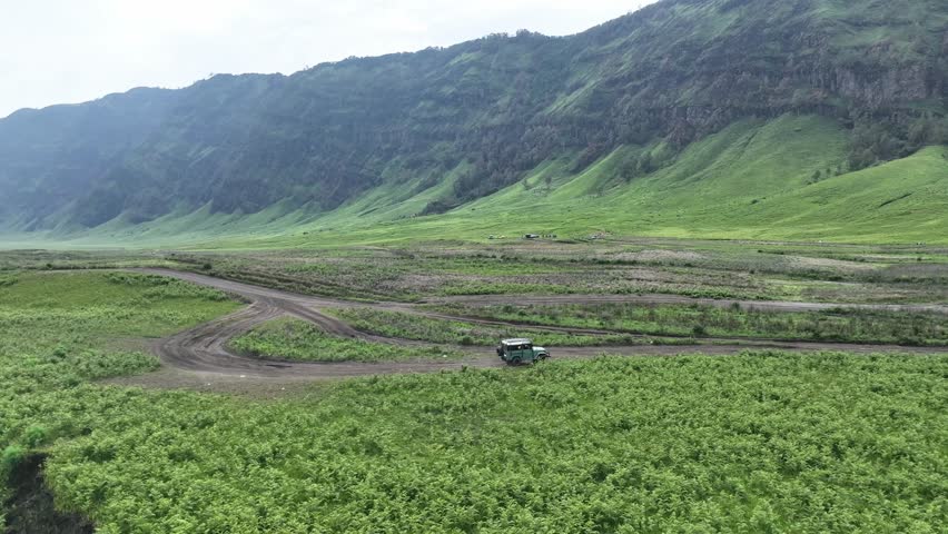 Aerial view of a offroad car crossing the grasslands on the slopes of Mount Bromo. Drone shoot following. Video shoot using a drone following a car on a grass field.