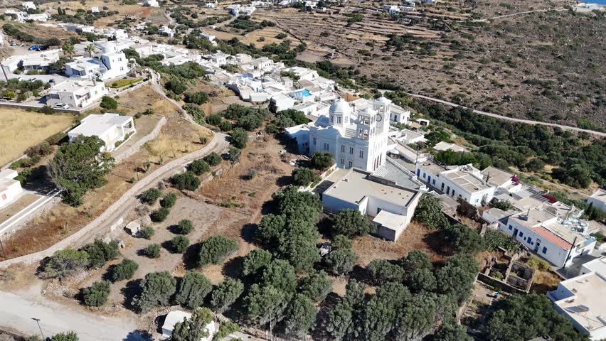 View of Tripiti village and Agios Nikolaos church, Milos island, Cyclades, Greece.