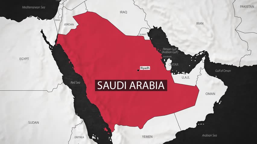 Saudi Arabia Map - Fast Zooming from World Map. Animated Motion Graphics Shape Map of the Saudi Arabia. 4K Resolution Stock Video for News, Vlogs etc.