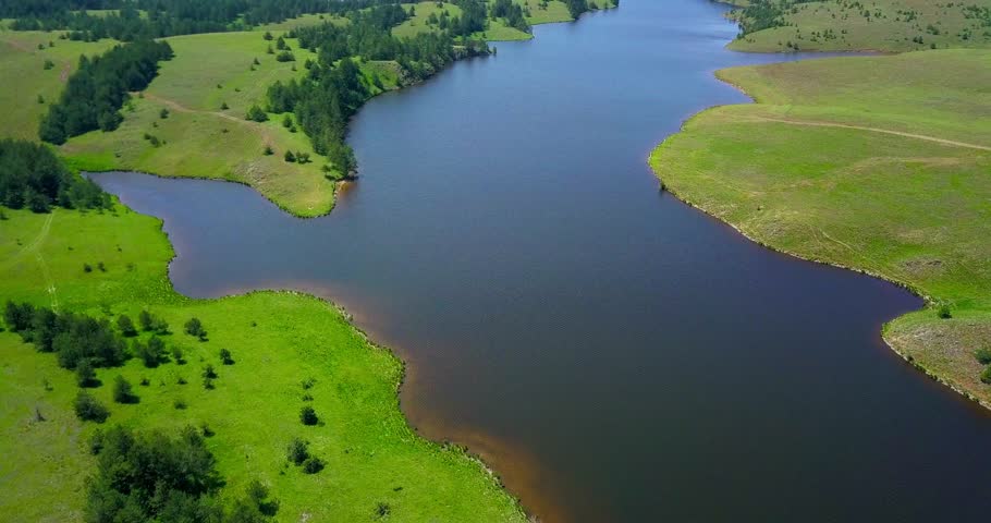 Aerial landscape picturesque lake forests and hills