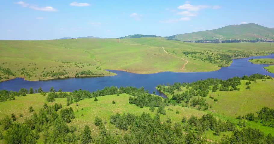 Aerial landscape picturesque lake forests and hills