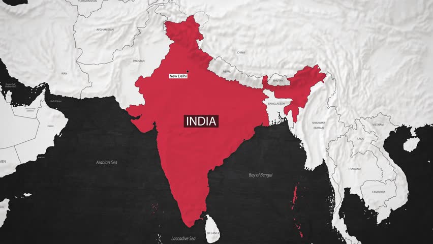 India Map - Fast Zooming from World Map. Animated Motion Graphics Shape Map of the India. 4K Resolution Stock Video for News, Vlogs etc.