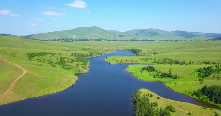 Aerial landscape picturesque lake forests and hills