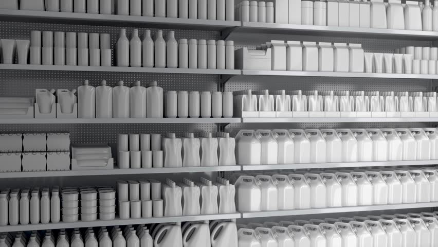 Supermarket shelves mockup with blank dairy and other food products isolated on gray. Sliding motion. 3d animation