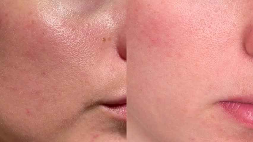 Realistic close-up video showing facial skin before and after skincare. Enlarged pores, acne marks, redness reduced to smoother, clearer texture. Ideal for dermatology, beauty content.