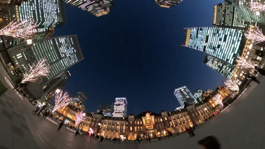 Fisheye view of tokyo japan showcasing skyscrapers and city lights