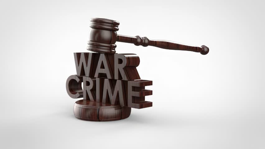 Wooden 3D war crime inscription and judge's gavel. Stock video.